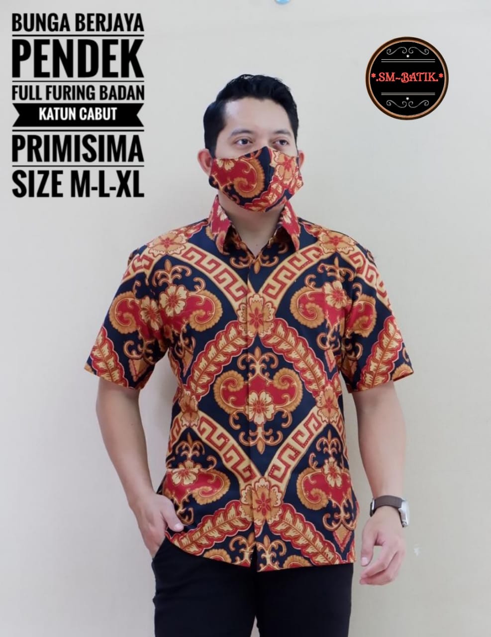 cover-BUNGA BERJAYA Kemeja Batik Pria Solo Lengan Pendek Lapis Furing BY SM-1