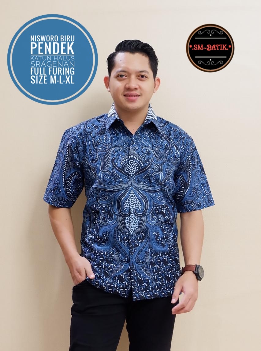 cover-NISWORO BIRU Kemeja Batik Pria Solo Lengan Pendek Lapis Furing BY SM-1