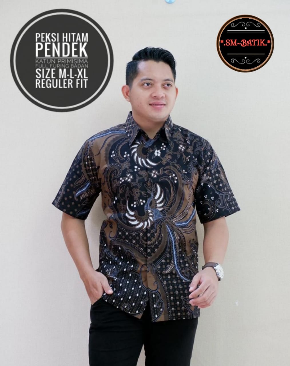 cover-PEKSI HITAM Kemeja Batik Pria Solo Lengan Pendek Lapis Furing BY SM-1