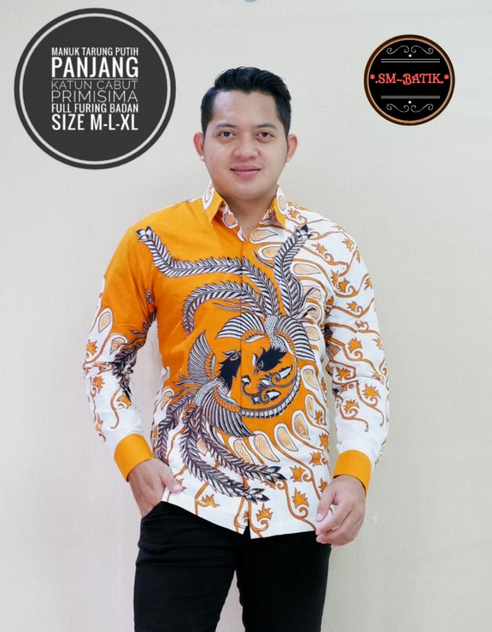 cover-MANUK TARUNG PUTIH Kemeja Batik Pria Solo Lengan Panjang Lapis Furing BY SM-1